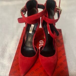 Red Suede Leather GUESS AMBELU Pointy Toe Stilettos Heels Pumps Women's Size 9.5